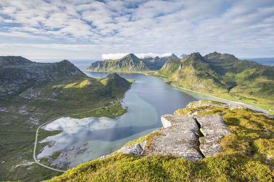 View from the mountain Kollfjellet to the fjord and mountains of Lofoten, Flakstad&oslash;ya, Lofoten, Norway