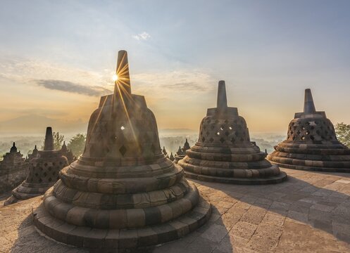 Borobudur temple, stupas, sunrise, cloudy sky, Borobudur, Yogyakarta, Java, Indonesia