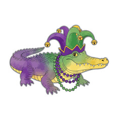 Fototapeta premium Mardi Gras Alligator Wearing Jester Hat and Beads