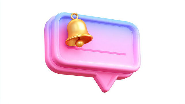 3D Speech bubble message with bell and new notification. Social media reminder. Chat notice. Subscribe to newsletter. Realistic design emoji icon isolated on white. 3D Vector illustration