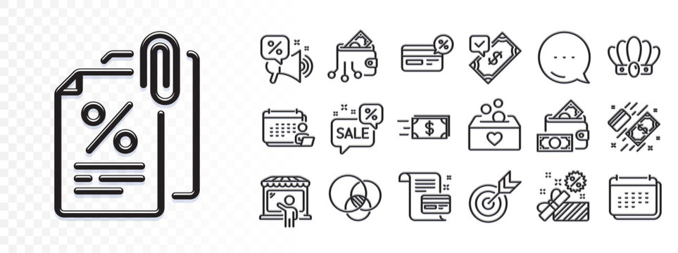Digital wallet, Cashback and Payment card line icons for web app. Glare of light effect. Message icon. Pack of Target, Donation, Sale pictogram icons. Crown, Tax documents, Market seller signs. Vector