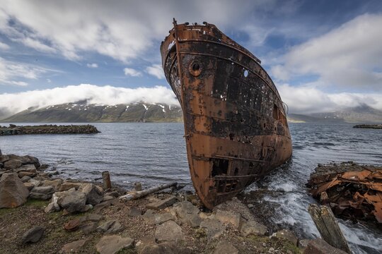 Rusty shipwreck on the beach, Dj&uacute;pav&iacute;k, Reykjarfj&ouml;rdur, Strandir, West Fjords, Iceland