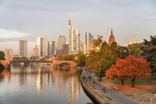 The Old Bridge over the Main with skyline, skyscrapers in the banking district in the morning light, Frankfurt am Main, Hesse, Germany