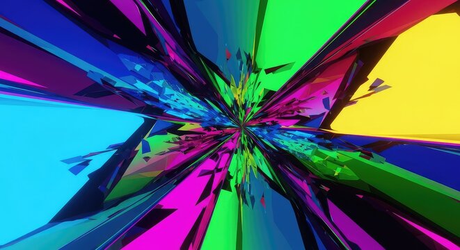 Intense fusion of fractured geometric shapes and highly saturated colors, creating a destabilized and digitally altered composition background, design, structure, background