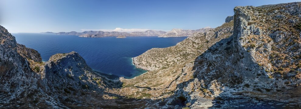 Aerial view, panorama of Telendos with rocks and climbing areas, Kalymnos, Dodecanese, Greece