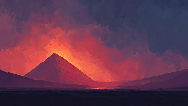 夜空に輝く火山噴火ドラマ 炎と煙のダークトーン水彩イラスト