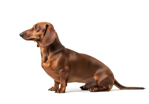 Alert brown Dachshund dog with long body and short legs sitting comfortably against a clean white studio backdrop.