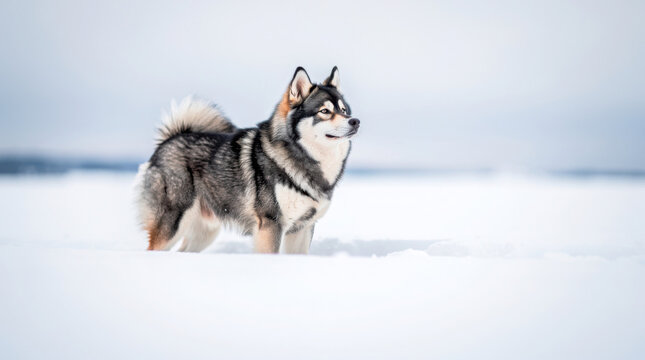 Pomsky Dog Low Angle Snow Field Wildlife Telephoto Shot Natural Frame Copy Space