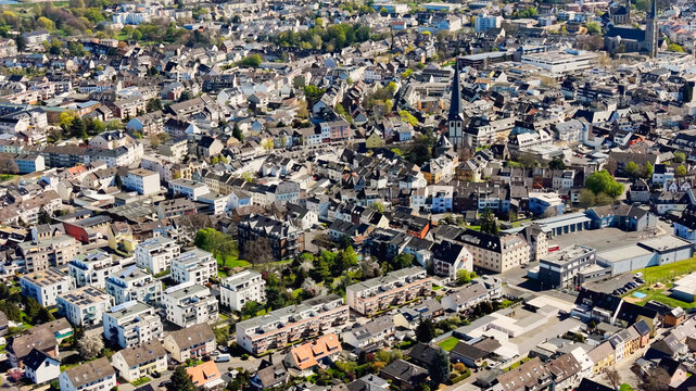 Aerial panoramic view around the old town of the city of Euskirchen on a sunny spring noon in Germany