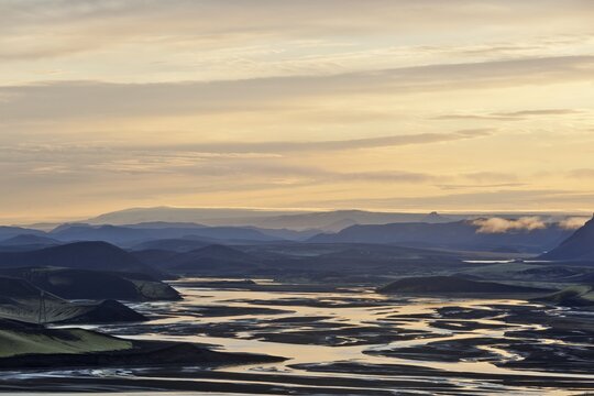 View over the Tungna&aacute; River from Lj&oacute;tipollur crater lake, Landmannalaugar, Southern Region, Iceland