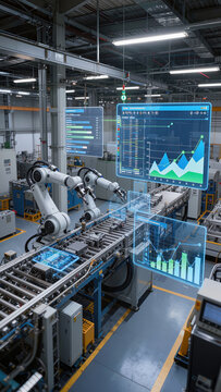 industrial robot arms on a conveyor belt with digital data holographic overlays, futuristic factory automation with holographic interface and analytics, smart factory industry 4.0 production line 