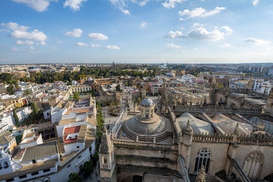 City view, view over the old town from the tower La Giralda, view on the roof of the cathedral of Sevilla, with Real Alc&aacute;zar de Sevilla, Sevilla, Andalusia, Spain