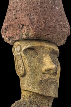 Ahu Nao-Nao Moais wearing a red hat, Anakena, Rapa Nui National Park, Unesco World Heritage Site, Easter Island, Chile