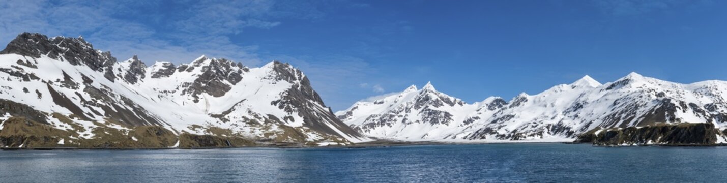 Right Whale Bay, snow covered mountains, South Georgia, Antarctic