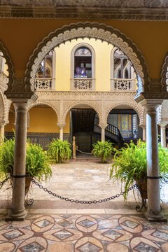 Courtyard with Roman mosaic, Moorish architecture, Palacio de la Condesa de Lebrija, Seville, Andalusia, Spain