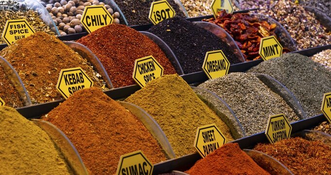 Different spices at a market stand, Spice Bazaar, Grand Bazaar, Kapali Carsi, Istanbul, Turkey