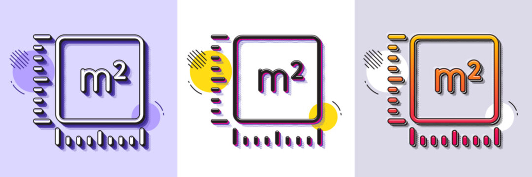 Square meter line icon. Halftone dotted pattern. Gradient icon with grain shadow. Room area dimension sign. Territory measurement symbol. Line square meter icon. Various designs. Vector