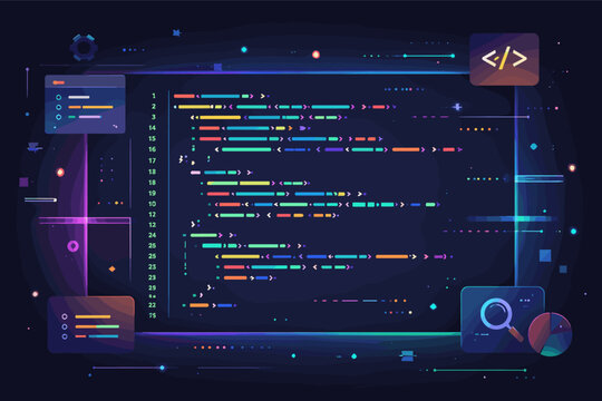 Abstract Vector Illustration of Vibrant Programming Code on a Dark Screen, Featuring Syntax Highlighting, UI Elements, and Data Analysis Icons for Software Development and Web Engineering