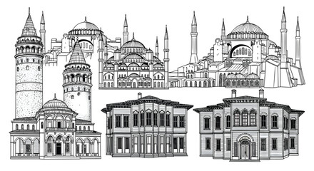 Obraz premium A black and white illustration of historic buildings and mosques with domes and minarets