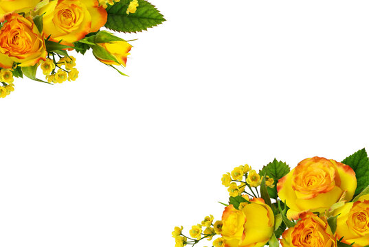 Small yellow and red rose flowers in corner floral arrangements isolated on white or transparent background