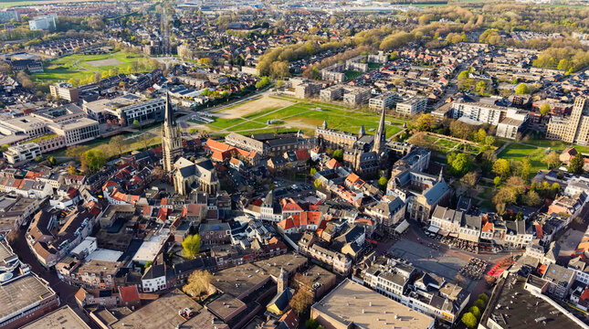 Aerial panoramic view around the old town of the city of Sittard on a sunny spring afternoon in the netherlands