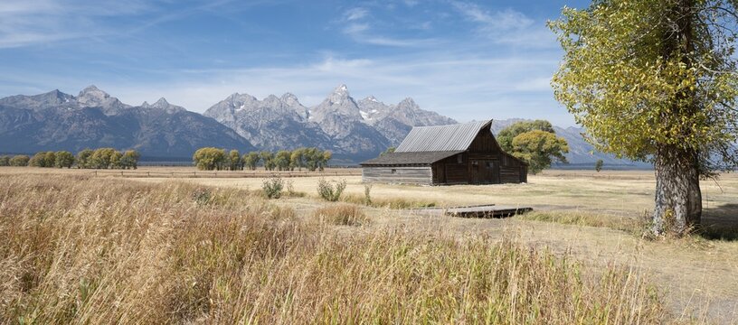 Historic old barn in front of the Teton Range, T.A. Moulton Barn, Mormon Row Historic District, Grand Teton National Park, Wyoming, USA