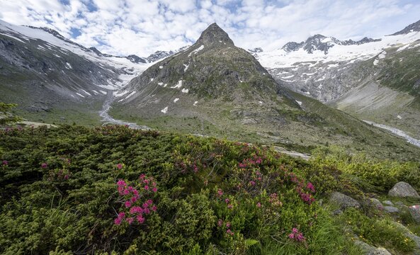 Mountains on the Berliner H&ouml;henweg, Steinmandl mountain peak in the middle, Gro&szlig;er M&ouml;seler on the right, Hornkees and Waxeggkees glaciers, Zillertal Alps, Zillertal, Tyrol, Austria