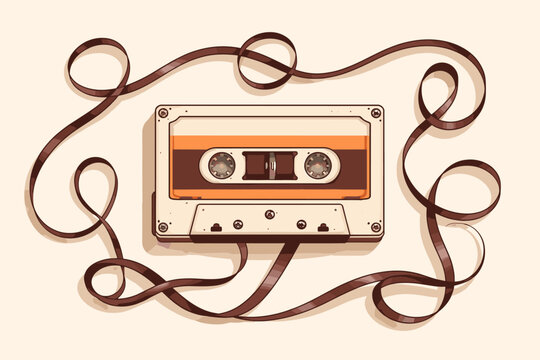 Retro Vintage Cassette Tape Illustration with Tangled Magnetic Tape Swirls on a Clean Background, Nostalgic 80s and 90s Music Analog Audio Recording Media Flat Lay Vector Graphic Art