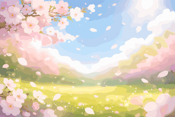 Naklejka premium Beautiful spring landscape with cherry blossoms and flying petals under a sunny blue sky with white clouds. Unfocused bokeh background with pink sakura flowers and green grass field in sunlight.