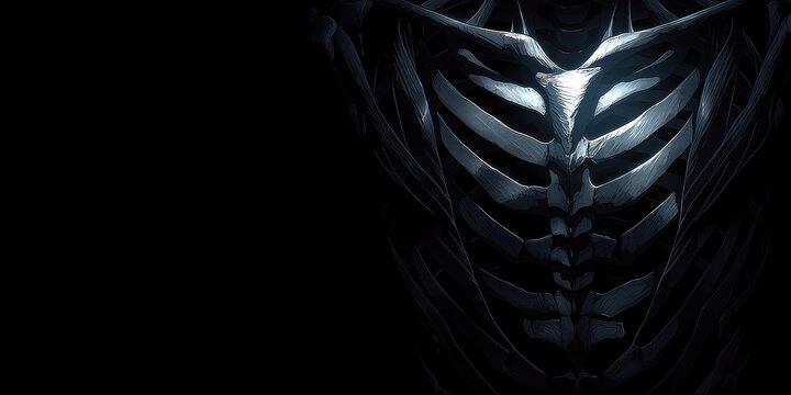 Close up human torso high contrast ribcage skeleton dark background anatomical bone dramatic lighting chest image shows close up of human torso skeleton with high contrast lighting highlighting
