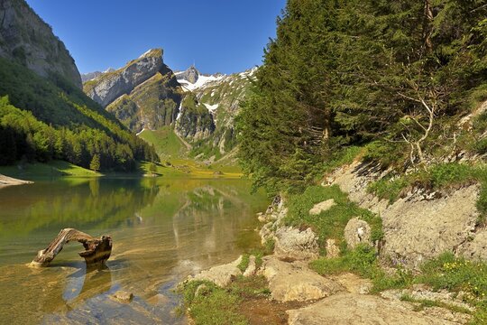 Seealpsee, behind the S&auml;ntis, Alpstein, Canton Appenzell, Switzerland
