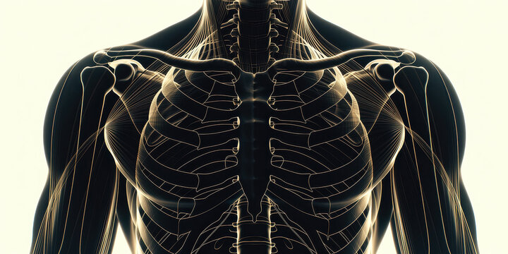 Human skeleton chest ribcage anatomy with glowing lines, abstract medical illustration showing upper body bones, collarbone, and shoulder structure in modern style