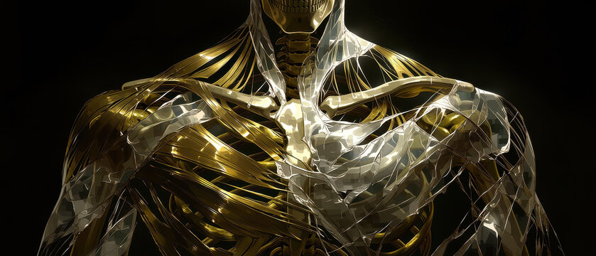 Metallic gold human skeleton transparent body anatomical futuristic detailed upper body glowing artistic surreal dramatic Metallic gold human skeleton with transparent body covering detailed