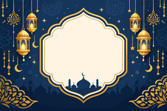 Ramadan Kareem Greeting Card Background with Golden Lanterns, Mosque Silhouette, and Islamic Ornamental Frame on Elegant Blue Patterned Backdrop for Eid Mubarak Celebration and Religious Events