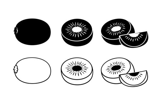 Vector Set of Kiwi Fruit Silhouettes and Outlines: Black and White Minimalist Icons of Whole, Half, and Sliced Tropical Exotic Fruits for Food Branding, Healthy Lifestyle, and Graphic Design.