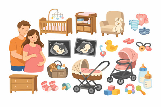 Pregnant Couple with Baby Nursery Furniture and Ultrasound Scans Hand Drawn Flat Icons Set. Includes Crib, Stroller, Pram, Baby Clothes, Toys, Bottles, and Changing Table for Newborn Care Elements.
