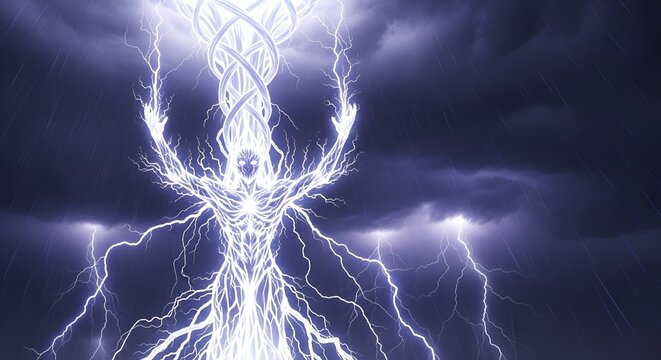Cosmic Energy Being Surging with Lightning and Stormy Sky