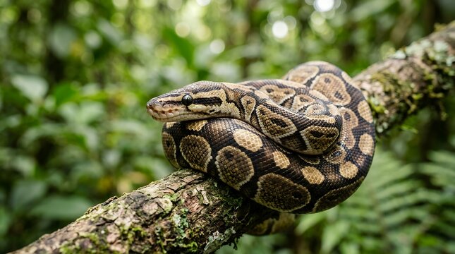 Ball python coiled on mossy tree branch, royal python in tropical jungle habitat, exotic pet snake in lush green rainforest environment