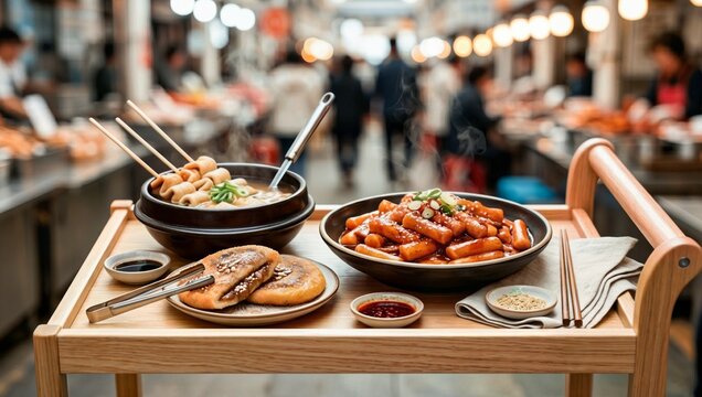 다양한 한국 길거리 음식이 깔끔하게 정돈된 모습으로 식욕을 자극합니다.
