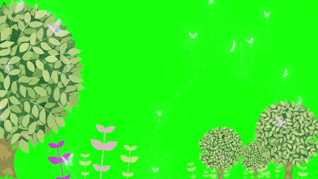 A vibrant animated video of a green screen with trees and flowers
