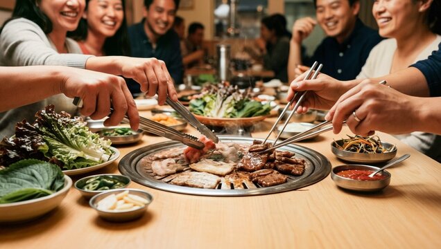 따뜻한 식탁에서 친구들과 함께 삼겹살과 갈비를 구우며 즐거운 한국 바비큐 식사를 하는 모습