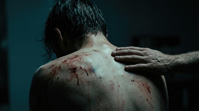 A man with bloody wounded back receiving comforting hand touch in a dark dramatic room