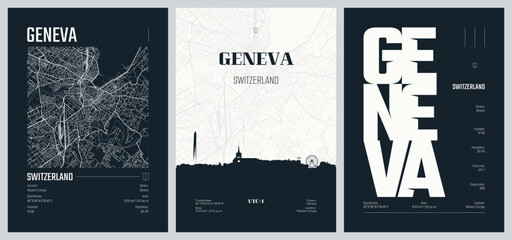Naklejka premium Set of travel posters with Geneva, detailed urban street plan city map, Silhouette city skyline, vector artwork, set 2