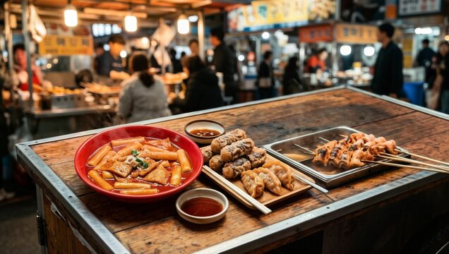 한국 한식 길거리 음식: 떡볶이, 만두, 김밥, 꼬치가 가득한 시장 포장마차 식사.