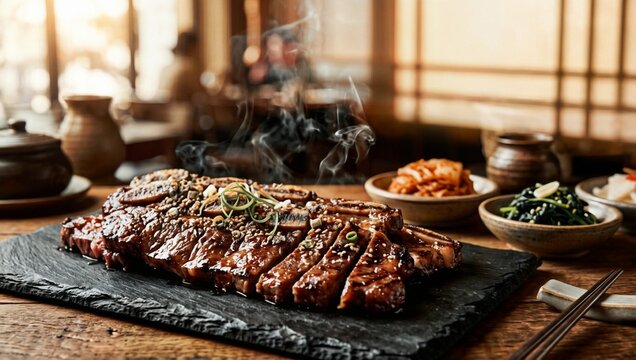 한국 한식 한우 갈비 구이와 반찬이 함께 차려진 고급스러운 전통 요리 식사.