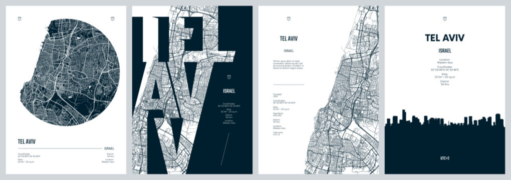 Set of travel posters with Tel Aviv city in the Gush Dan metropolitan area of Israel, detailed urban street plan city map, Silhouette city skyline, vector artwork