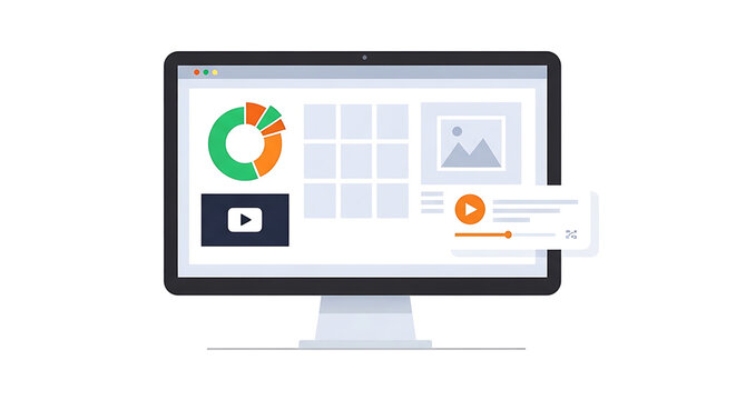 A computer monitor displays a colorful pie chart and video controls on its screen with a pop-up menu in a modern office setting.