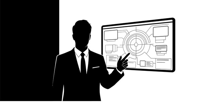 Businessman presenting on a whiteboard.