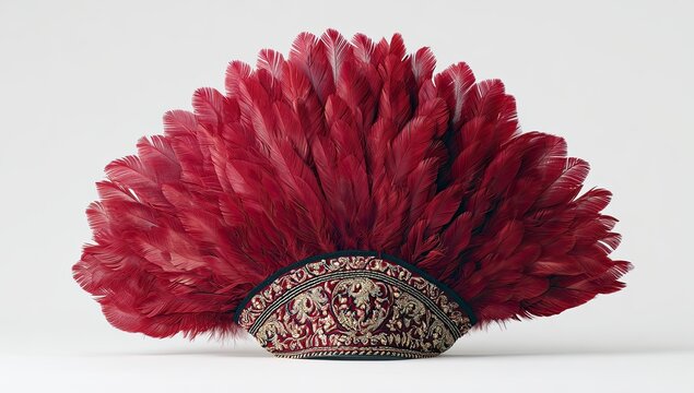 Ornate headdress adorned with vibrant red feathers and intricate beadwork