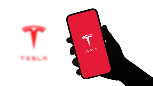 Tesla logo displayed on a smartphone screen &ndash; Delhi, India &ndash; June 04, 2025
